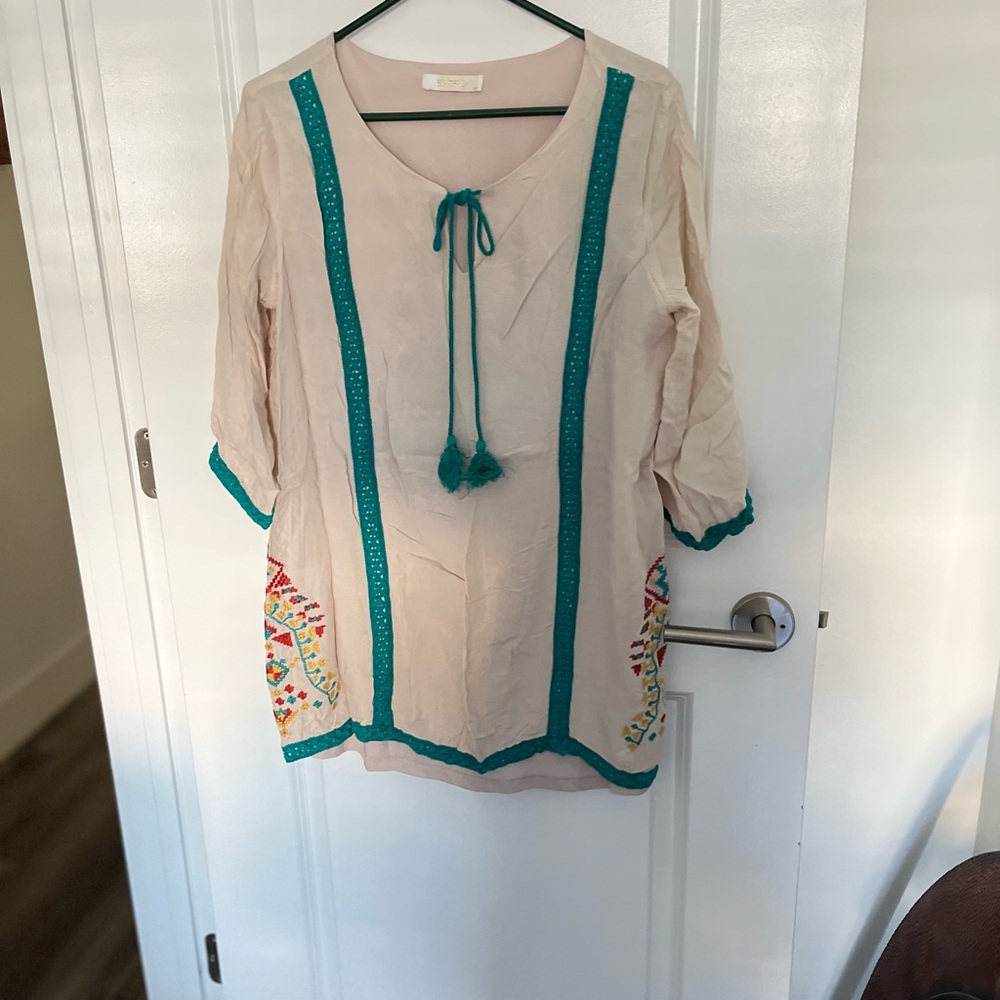 Entro Beige and Teal Tunic with Embroidery